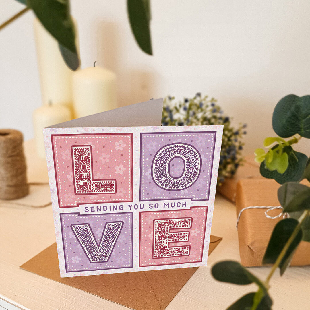 Pink and lilac sending you so much love card Unique pink typographic thinking of you card Printed on fsc-certified card