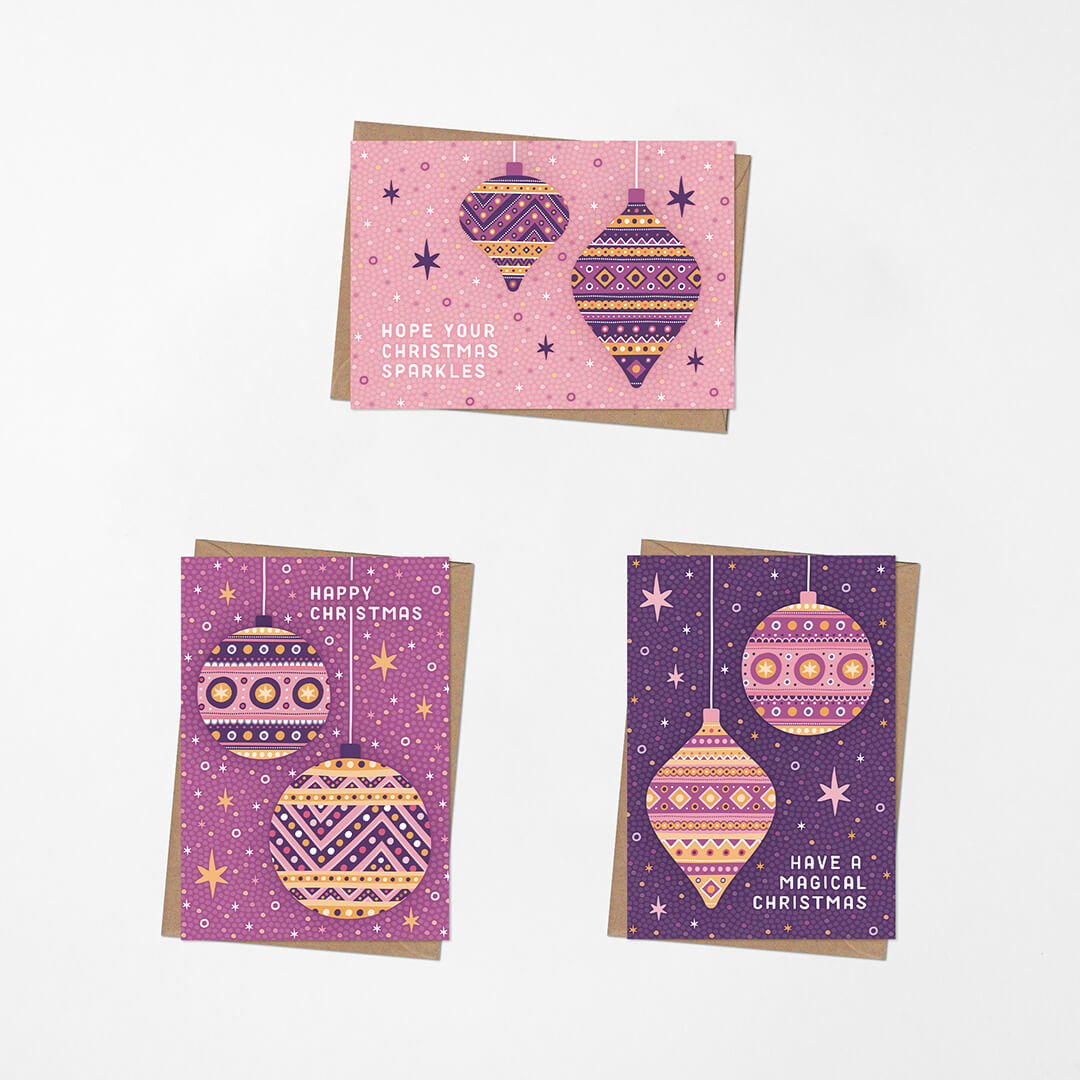 pink and purple disco bauble christmas card multipack Blank inside Supplied with kraft brown recycled envelopes