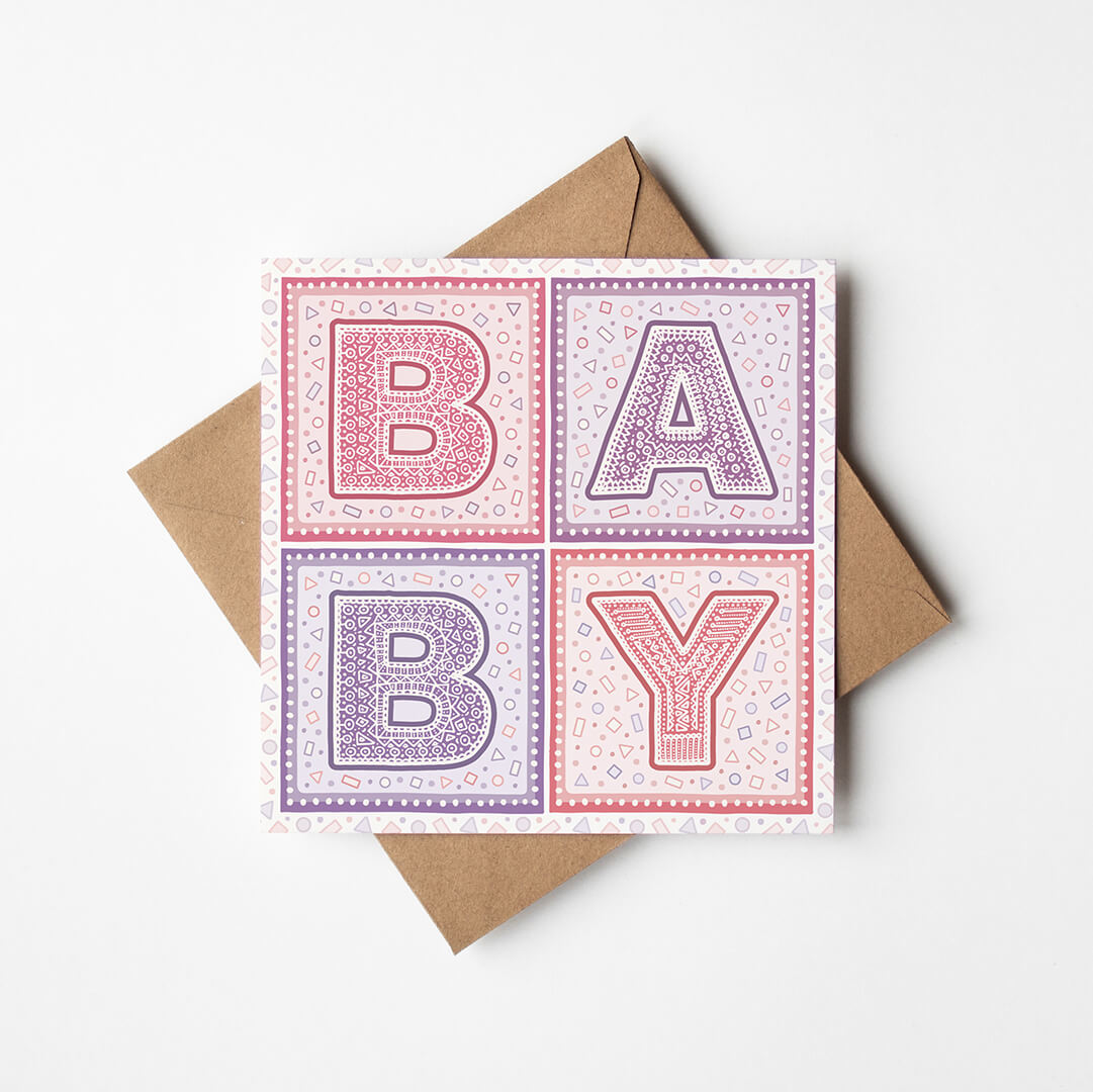 pink and purple typographic new baby card Printed on fsc-certified card Blank inside