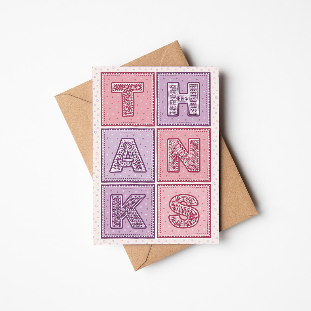 Pink and purple typographic thank you card Printed on FSC-certified card Blank inside