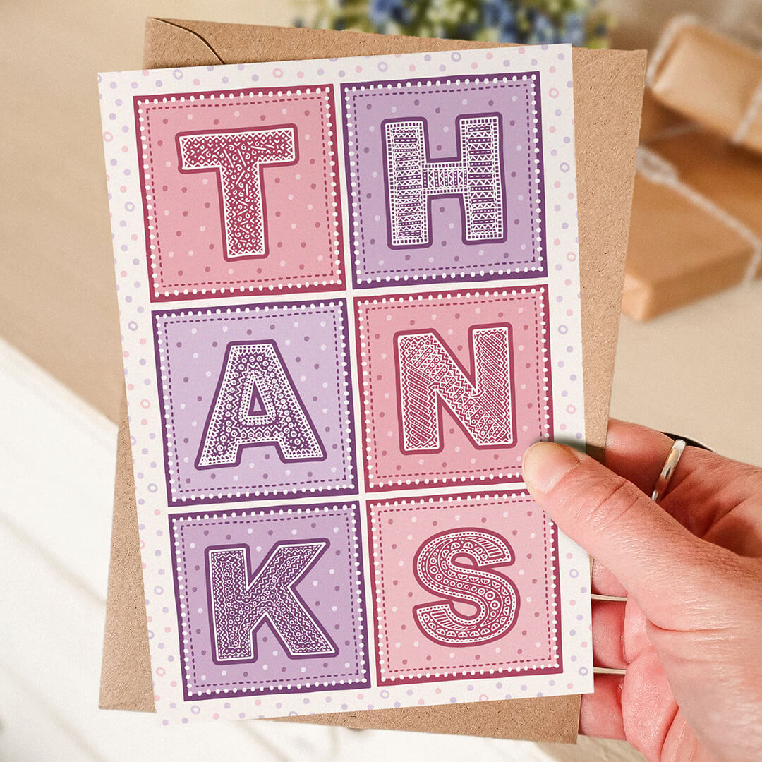 pink and purple typographic thank you card Printed on fsc-certified card Blank inside