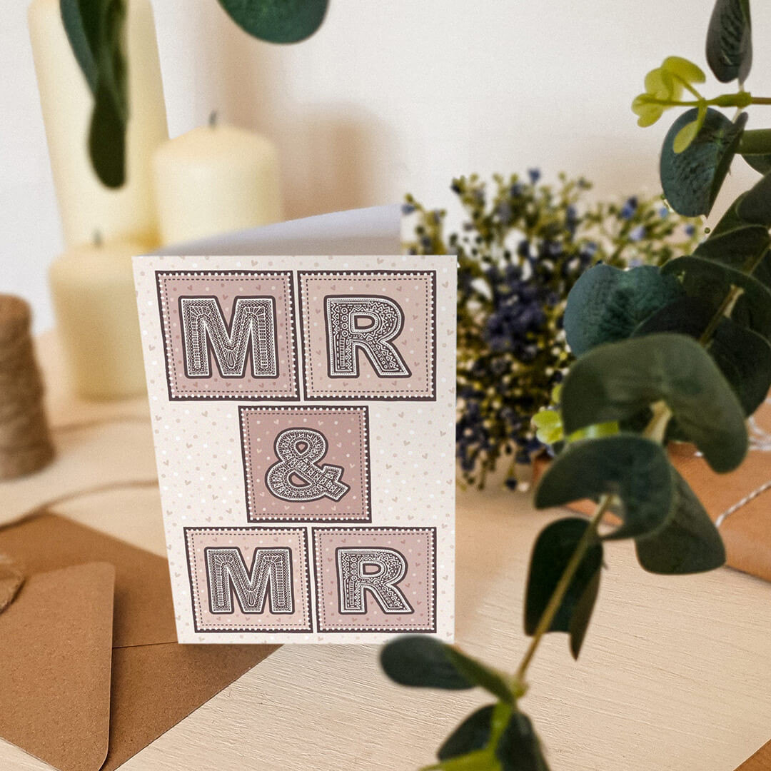 Mr & Mr gay wedding card Pink cream typographic gay wedding card for two grooms Printed on FSC-certified card with kraft brown recycled envelope Blank inside