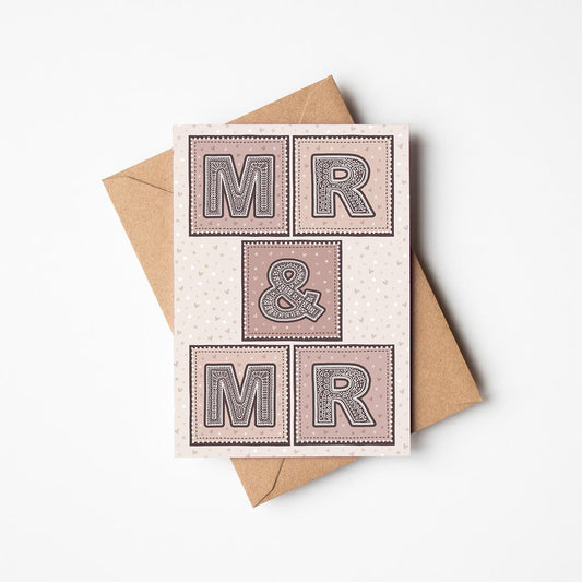 Pink cream Mr & Mr gay wedding card Unique typographic same sex wedding card Printed on FSC-certified card with kraft brown recycled envelope Blank inside