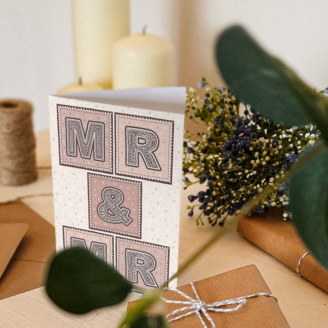 Mr & Mr gay wedding card Pink cream same sex wedding Unique typographic gay wedding card Printed on FSC-certified card with kraft brown recycled envelope Blank inside