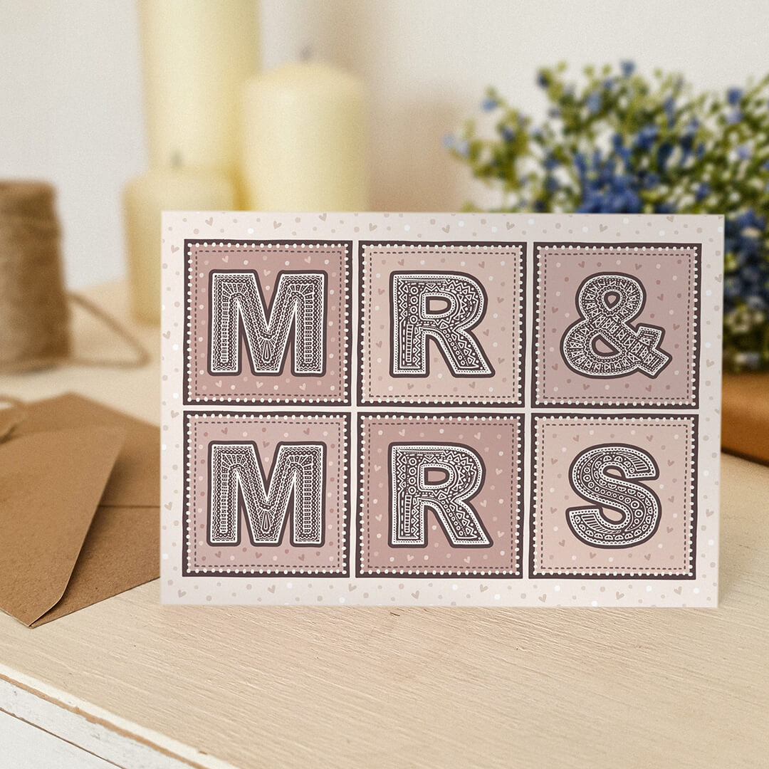 Mr & Mrs wedding card Pink cream typographic unique wedding card Printed on FSC-certified card with kraft brown recycled envelope Blank inside