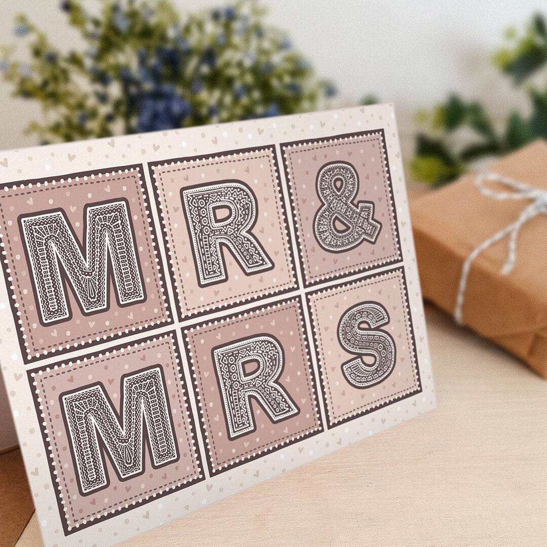 Mr & Mrs wedding card Pink cream typographic wedding card for newlywed couple Printed on FSC-certified card with kraft brown recycled envelope Blank inside