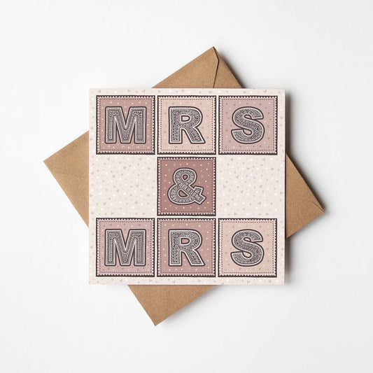 Pink cream Mrs & Mrs lesbian wedding card Unique typographic same sex wedding card Printed on FSC-certified card with kraft brown recycled envelope Blank inside