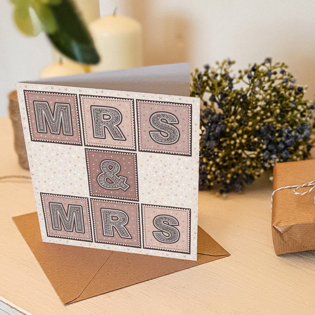 Mrs & Mrs lesbian wedding card Pink cream typographic wedding card for same sex wedding Printed on FSC-certified card with kraft brown recycled envelope Blank inside