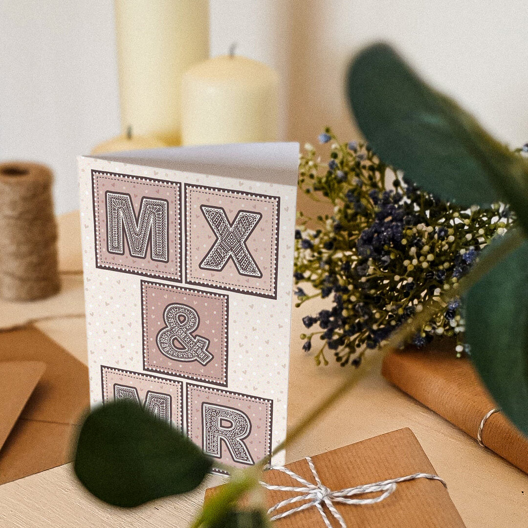 Mx & Mr gender neutral wedding card Pink and cream beautiful typographic wedding card for inclusive gender neutral weddings Printed on FSC-certified card with a kraft brown recycled envelope Blank inside