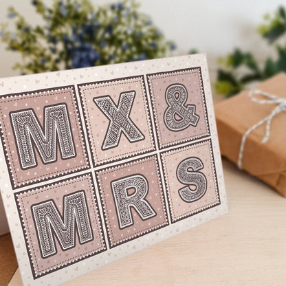 Non gendered wedding card Pink and cream Mx & Mrs wedding card for female and non-binary couple Printed on FSC-certified card with a kraft brown recycled envelope Blank inside