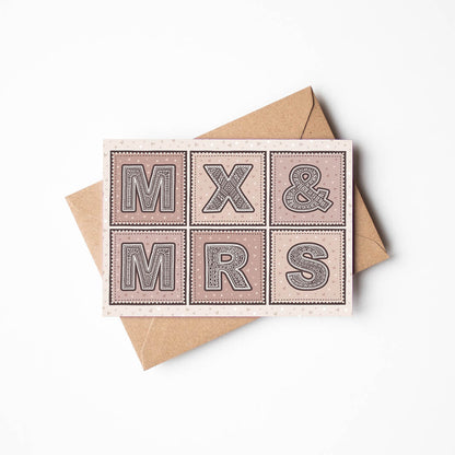 Mx & mrs non gendered wedding card pink and cream wedding card for female and non binary couple Printed on FSC-certified card with a kraft brown recycled envelope Blank inside