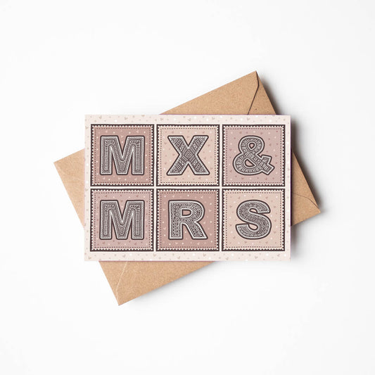 Mx & mrs non gendered wedding card pink and cream wedding card for female and non binary couple Printed on FSC-certified card with a kraft brown recycled envelope Blank inside