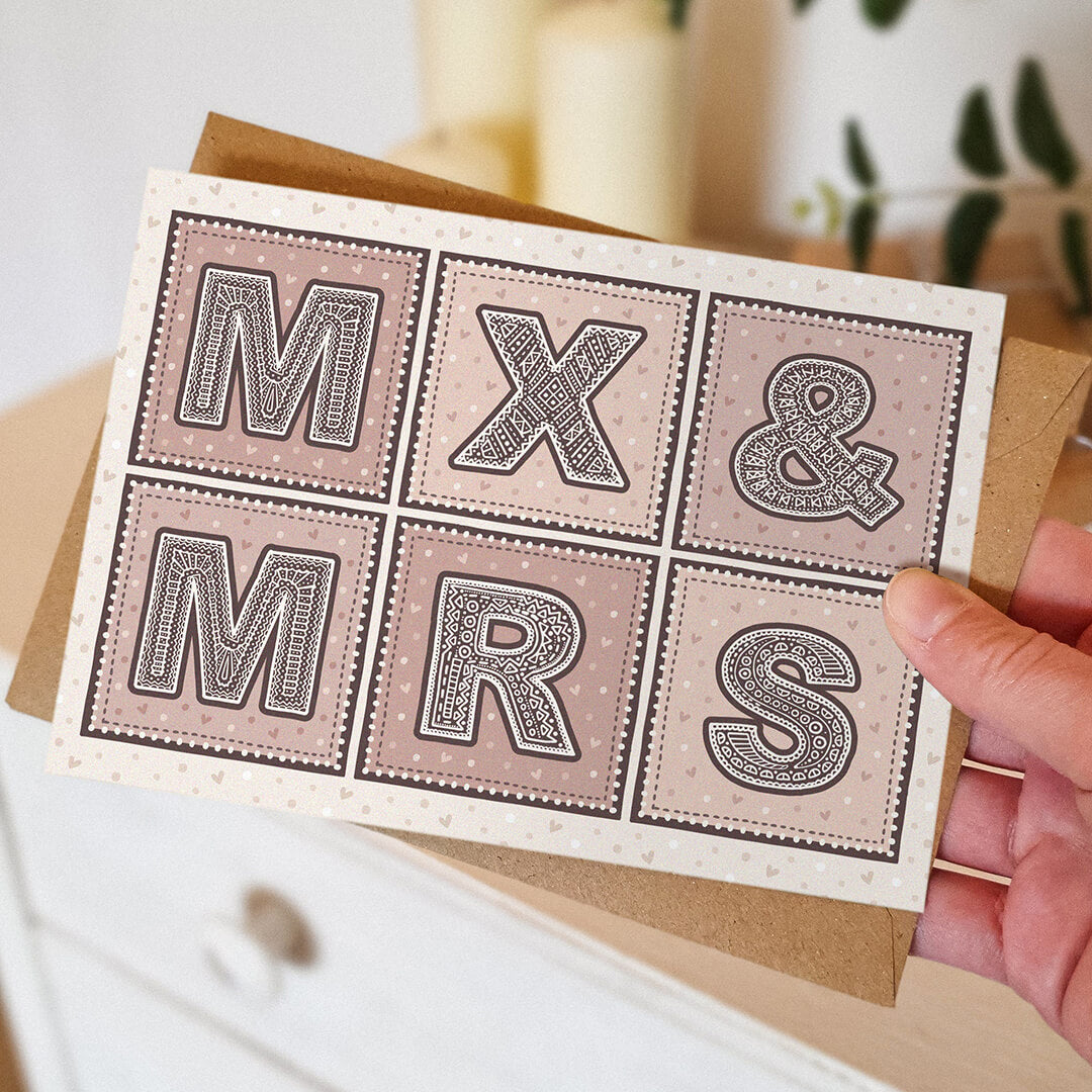 Mx & Mrs non gendered wedding card Pink and cream wedding card for female and non-binary couple getting married Printed on FSC-certified card with a kraft brown recycled envelope Blank inside