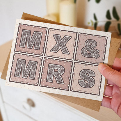 Mx & Mrs non gendered wedding card Pink and cream wedding card for female and non-binary couple getting married Printed on FSC-certified card with a kraft brown recycled envelope Blank inside