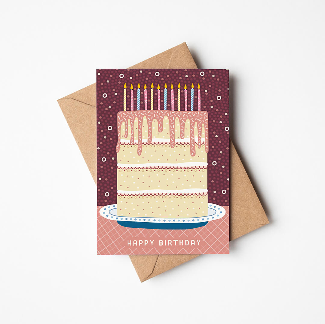Pink unique illustrated cake birthday card Unique illustration of 4 tier birthday cake with drip icing and candles Printed on FSC-certified card Blank inside