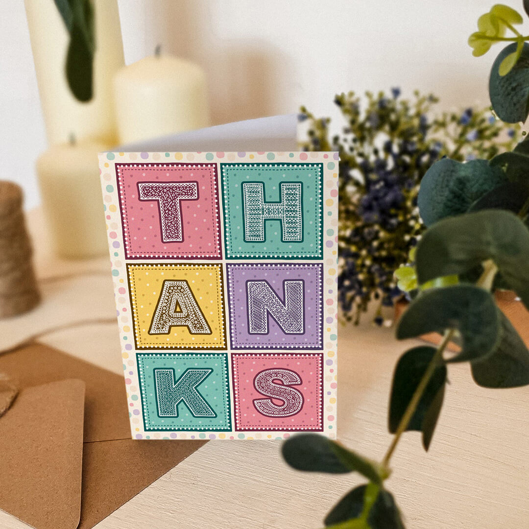 Unique and colourful typographic thank you card Pink turquoise and yellow thank you card Printed on FSC-certified card with kraft brown recycled envelope Blank inside