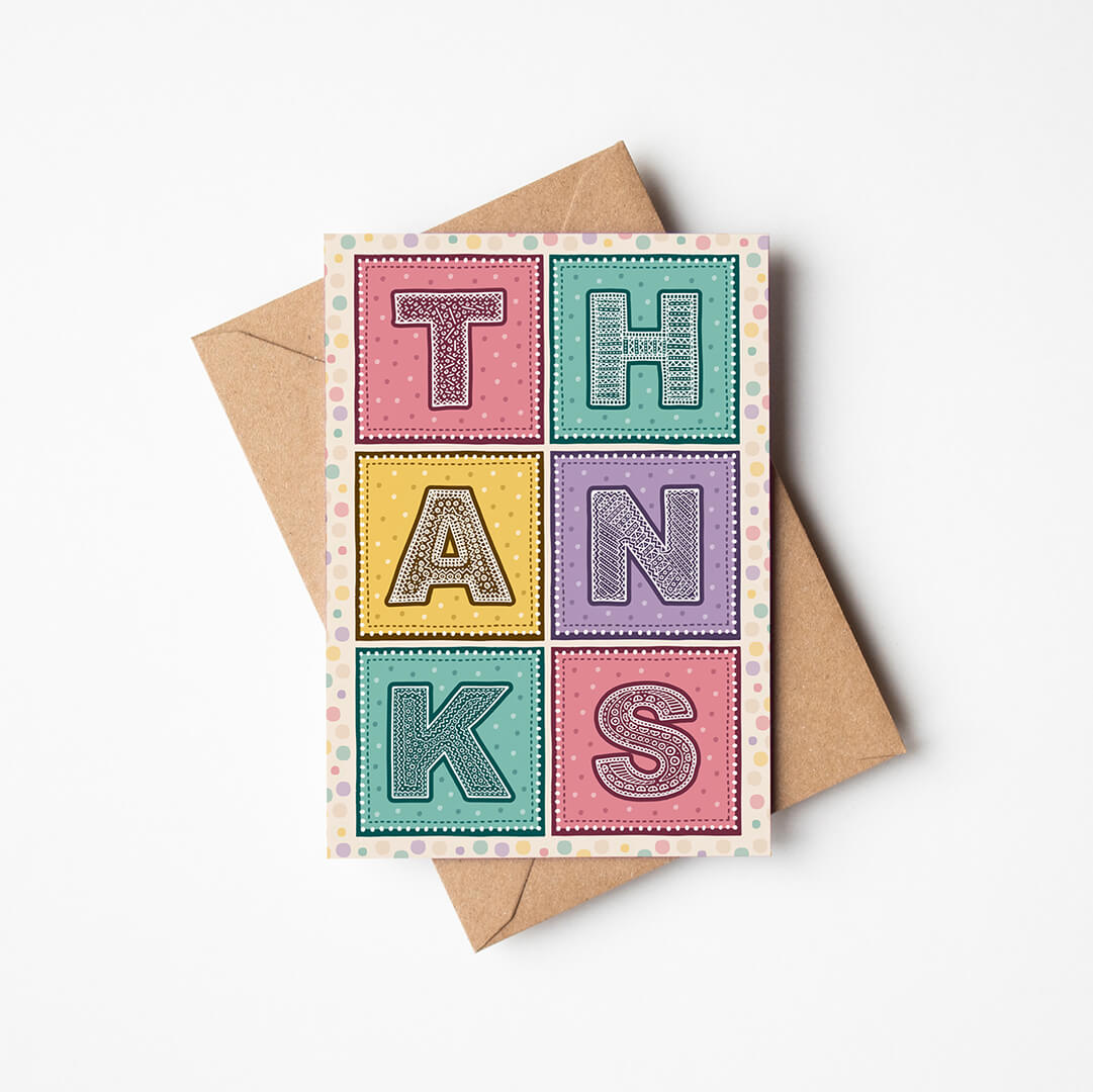 Pink turquoise and yellow typographic thank you card Colourful and fun thank you card Printed on FSC-certified card with kraft brown recycled envelope Blank inside