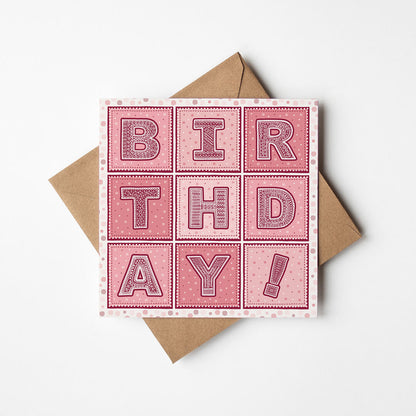 Unique pink typographic birthday card Colourful pink birthday card for female friend Printed on FSC-certified card with a kraft brown recycled envelope Blank inside