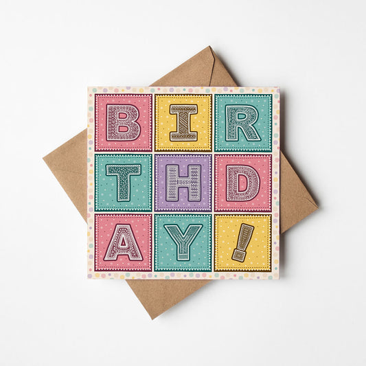 pink yellow and turquoise typographic birthday card Colourful birthday card for girls and female friends Printed on FSC-certified card with kraft brown recycled envelope Blank inside