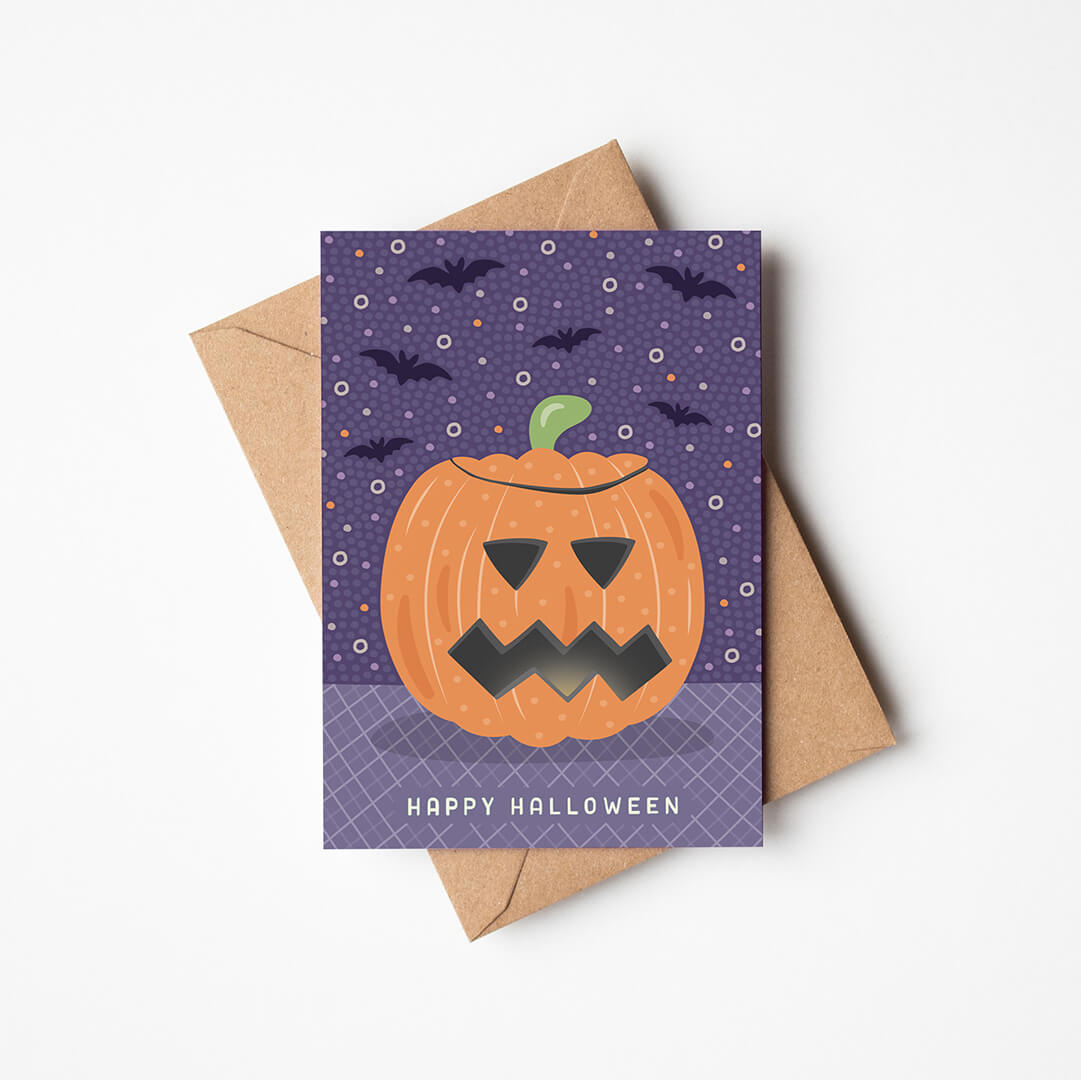 purple and orange illustrated pumpkin halloween card Printed on fsc-certified card Blank inside