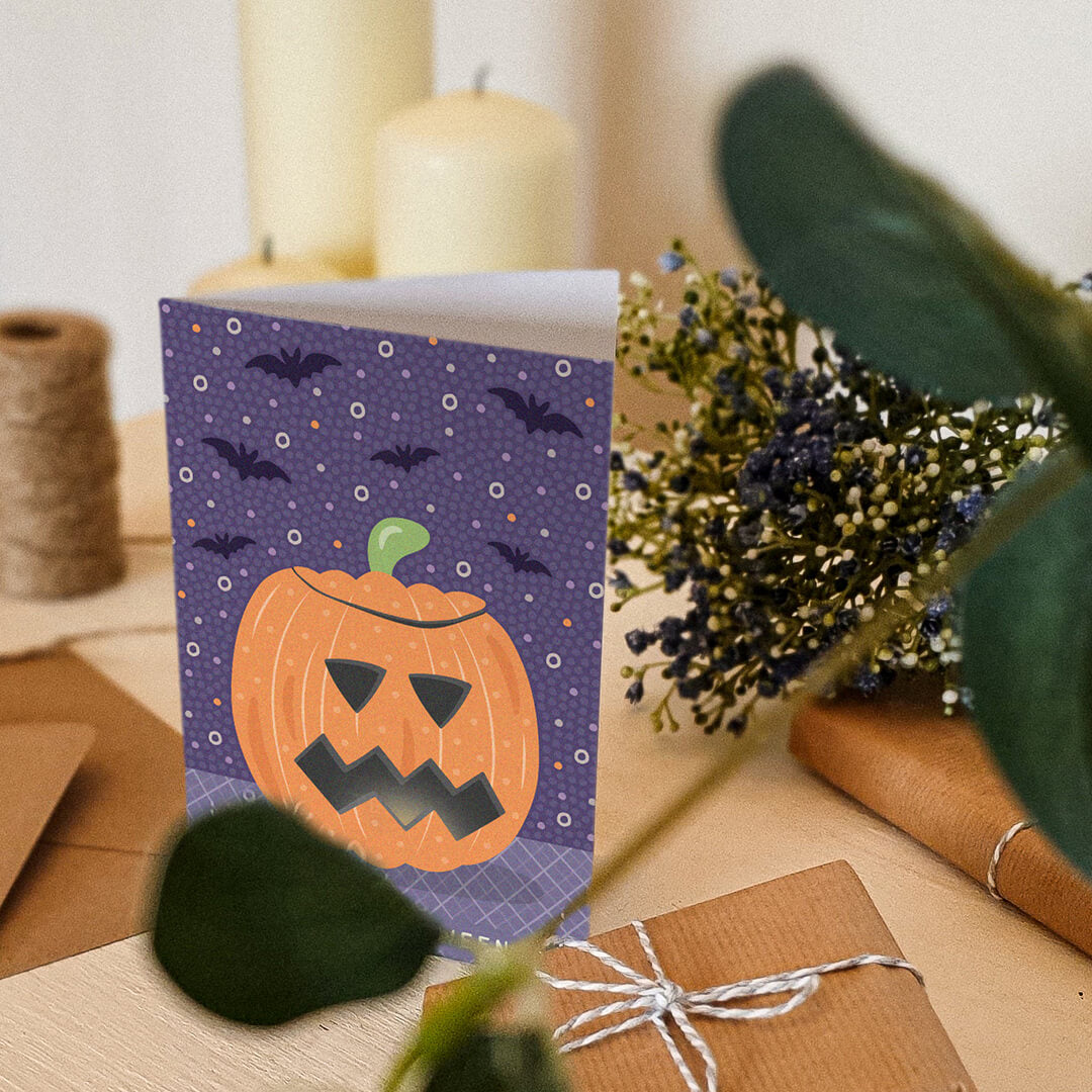 unique and colourful pumpkin halloween card Supplied with kraft brown recycled envelope Blank inside