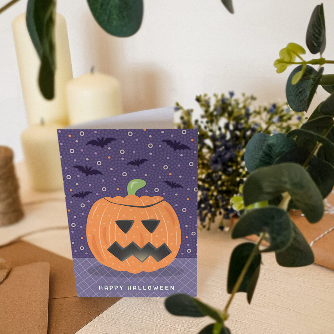 unique purple and orange pumpkin halloween card Supplied with kraft brown recycled envelope Blank inside