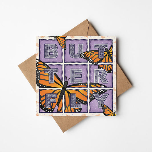 Butterfly greeting card with monarch butterfly illustrations and 'Butterfly' written in detailed typography on a purple background