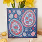 Illustrated eggs Easter card Blue red unique Easter card design with patterned Easter Egg illustrations Printed on FSC-certified card Kraft brown recycled envelope