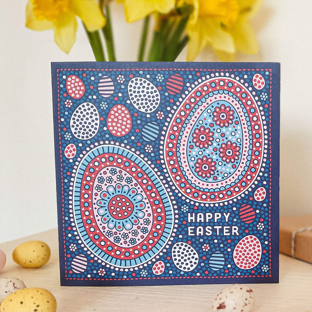 Illustrated eggs Easter card Blue red unique Easter card design with patterned Easter Egg illustrations Printed on FSC-certified card Kraft brown recycled envelope