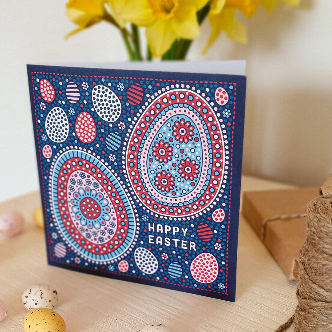 Blue and red illustrated eggs Easter card Printed on FSC-certified card Featuring intricate patterned Easter Egg illustrations