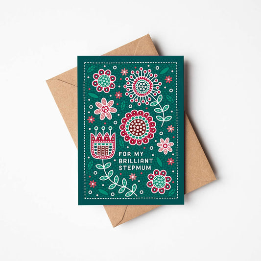 red and green floral step mum mother's day card with 'for my brilliant step mum' message