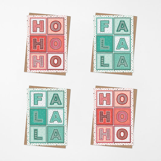 red ho ho ho and green fa la la typographic christmas card multipack Blank inside Supplied with kraft brown recycled envelopes