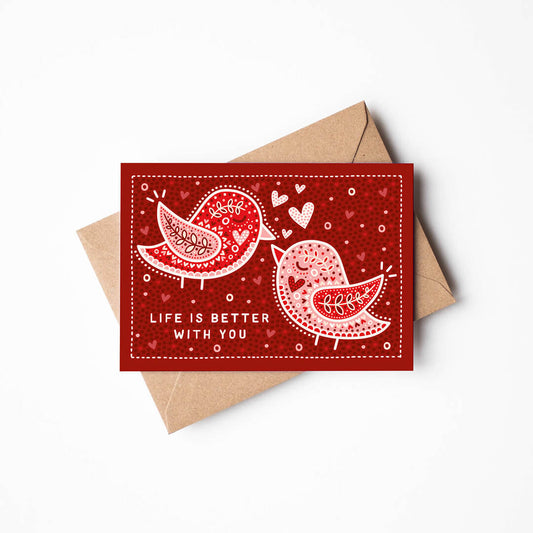 cute red anniversary card featuring illustration of lovebirds supplied with recycled envelope blank inside