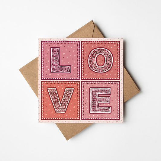 Red pink typographic Love anniversary card Unique typographic anniversary card Printed on fsc-certified card Blank inside