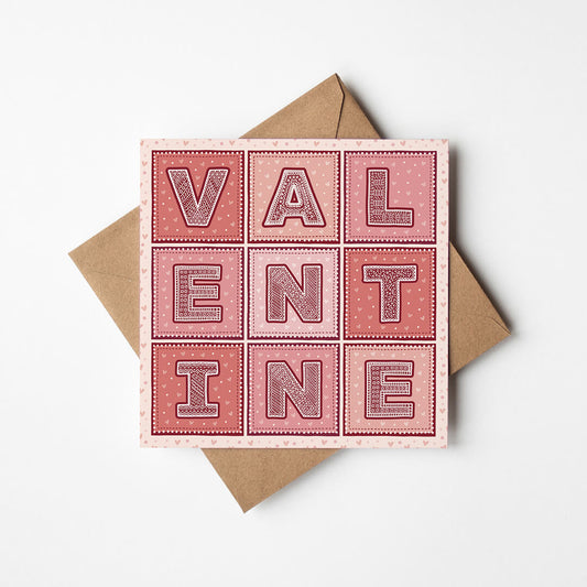 Red pink unique typographic Valentine's Day card Romantic Valentines Day card design Thoughtful card for partner Printed on FSC-certified card with kraft brown recycled envelope Blank inside