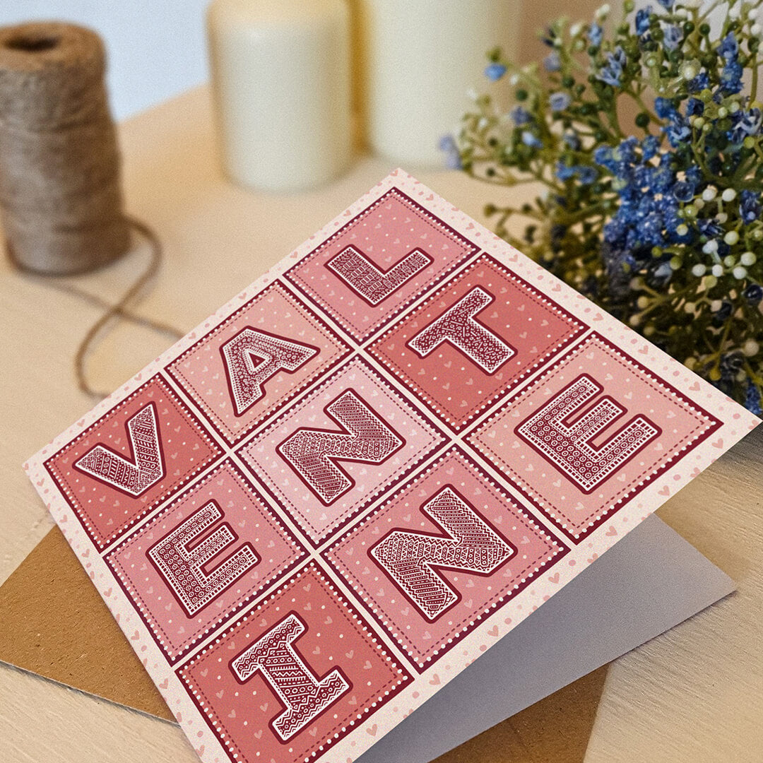 Red pink typographic Valentine's Day card Unique thoughtful romantic card design for partner Printed on FSC-certified card with kraft brown recycled envelope Blank inside