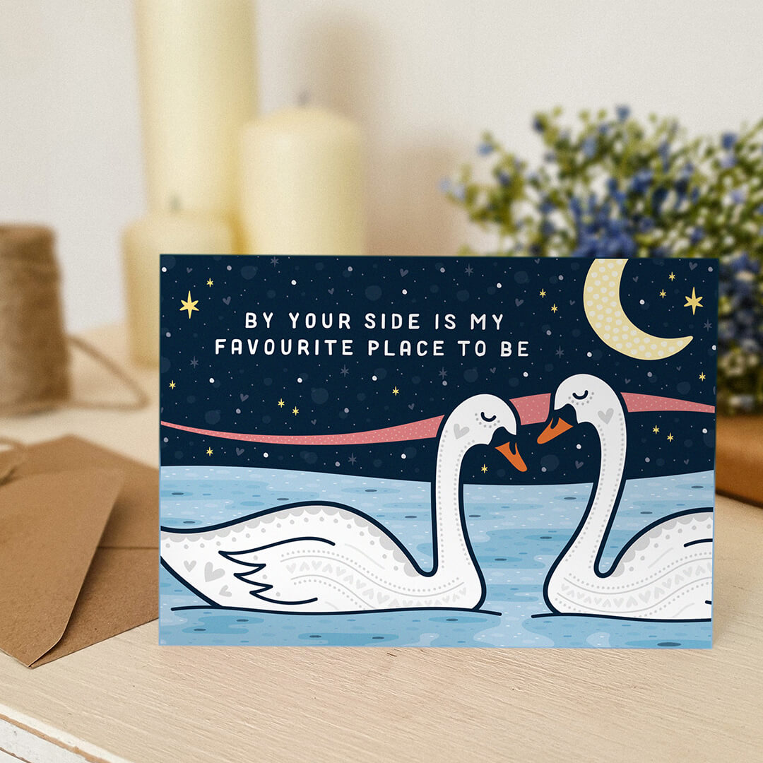 romantic moonlit swans valentines day card blank inside recycled kraft brown envelope