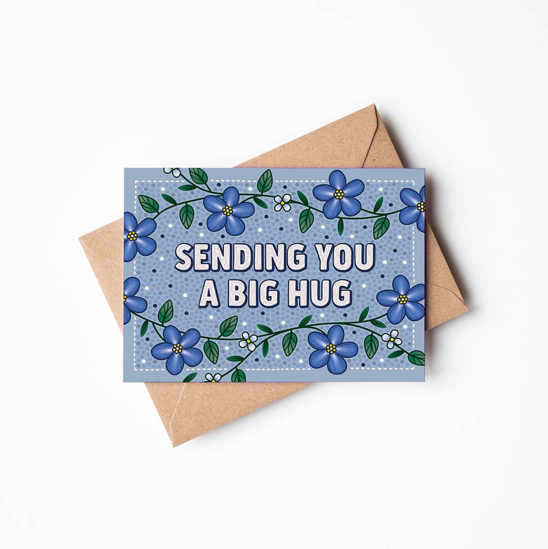 sending you a big hug blue floral thinking of you card unique thinking of you card for friends Printed on FSC-certified card and supplied with a recycled kraft brown envelope