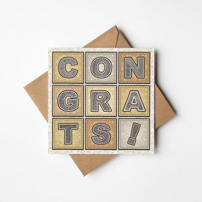 Silver and gold typographic congratulations card Printed on FSC-certified card Blank inside