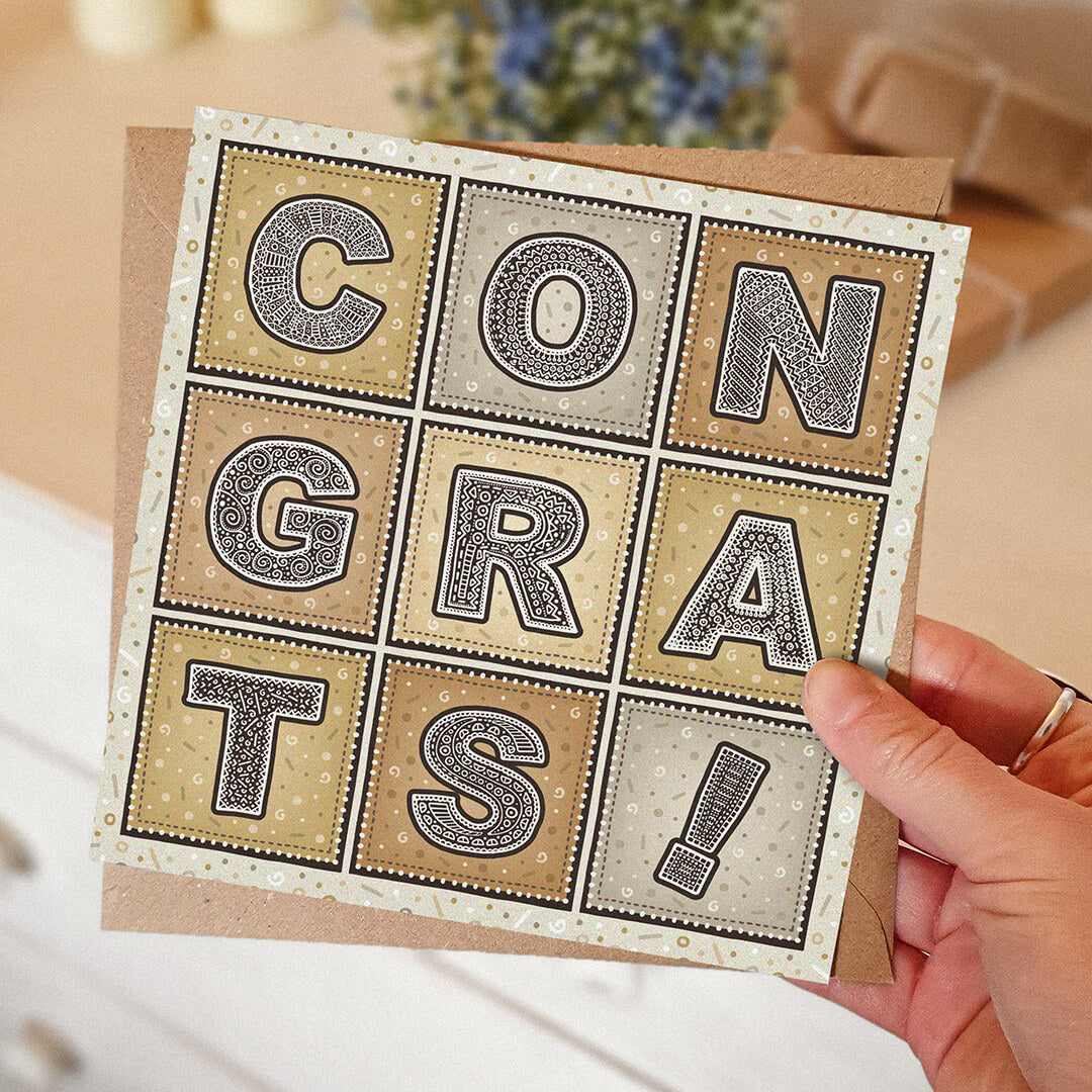 silver and gold typographic congratulations card Printed on fsc-certified card Blank inside