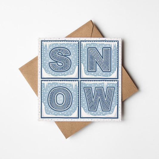 Snow Christmas card with 'SNOW' text on a white background