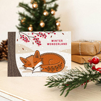 Fox Christmas card featuring cute illustration of sleeping fox Unique Christmas card Blank inside Recycled kraft brown envelope