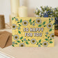 Yellow floral congratulations card with so happy for you message and daisy illustrations Unique congratulations card Blank inside Recycled kraft brown envelope