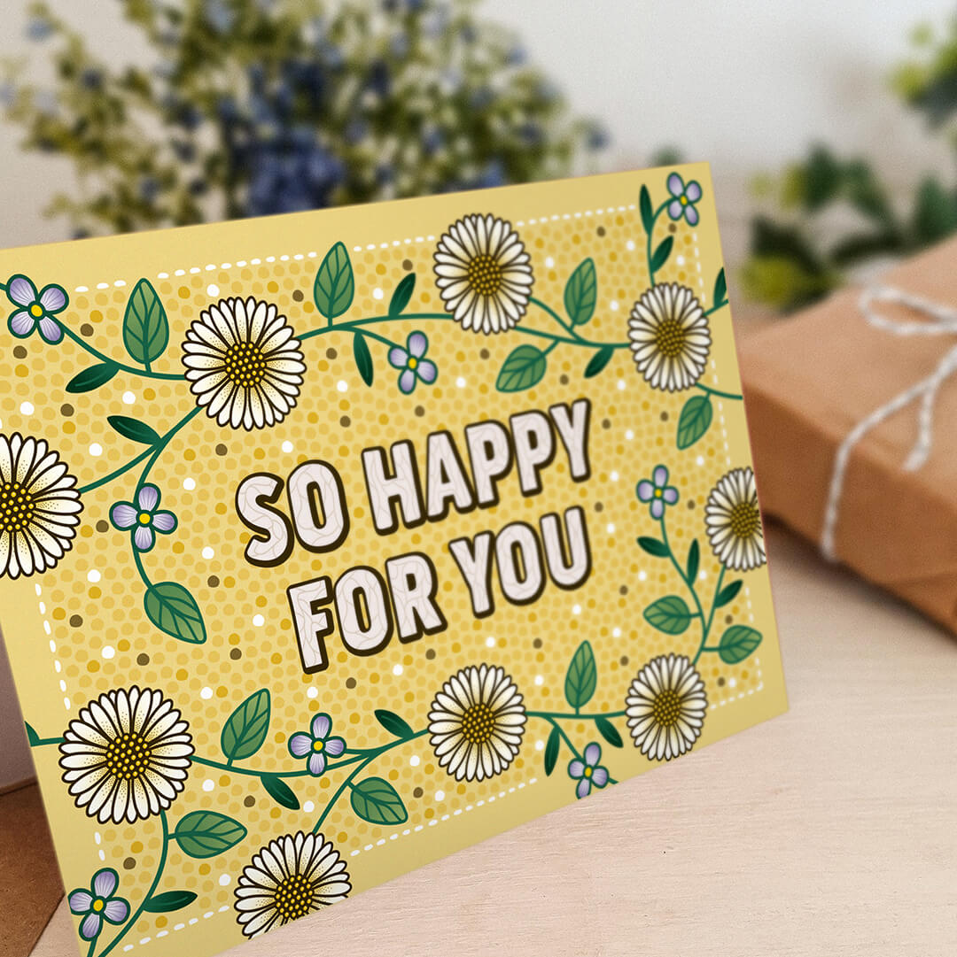 Yellow floral congratulations card with daisy illustrations and so happy for you message Unique congratulations card Blank inside Recycled kraft brown envelope