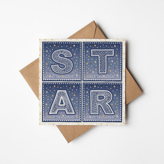 Star Christmas card with 'STAR' typography and star illustrations on a white background