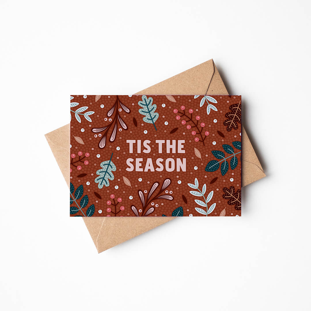 Tis the season red Christmas card featuring botanical illustrations Printed on FSC certified card Blank inside