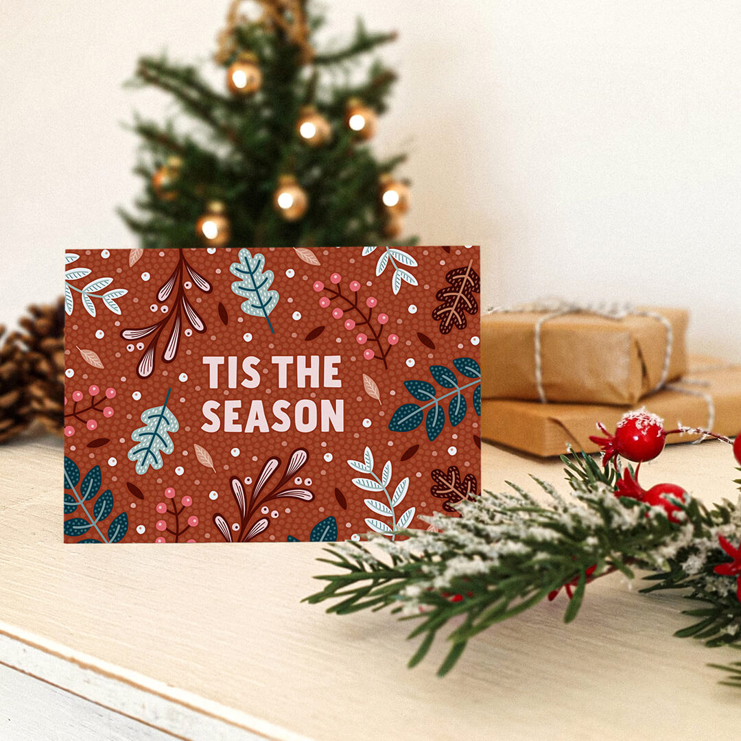 Unique tis the season red Christmas card with festive botanical illustrations Perfect for nature and plant lovers Printed on FSC certified card Kraft brown recycled envelope