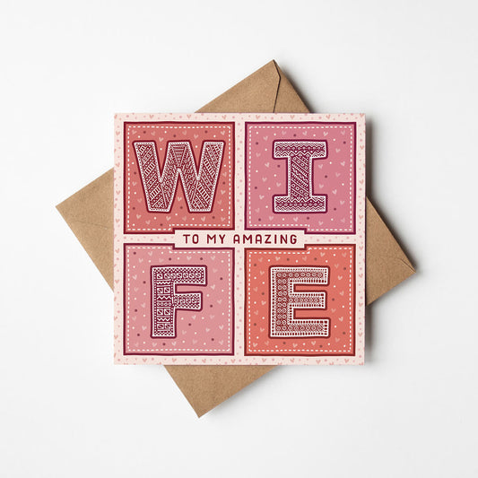 red and pink to my amazing wife valentines day card Unique typographic valentines day card for wife Printed on FSC-certified card with kraft brown recycled envelope Blank inside