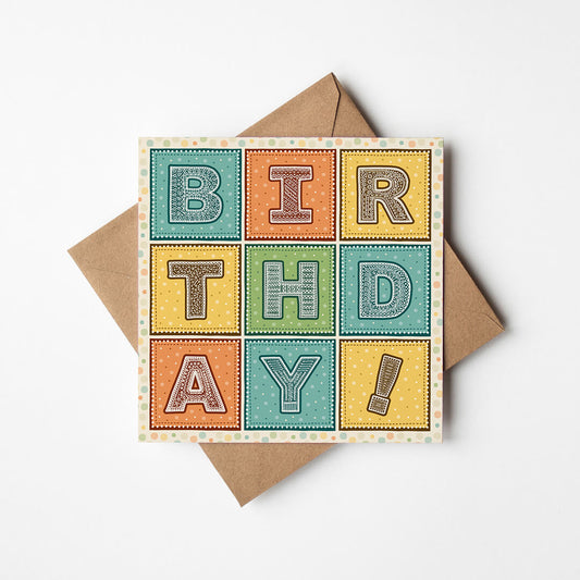 Turquoise orange and yellow colourful typographic birthday card Unique vibrant birthday card for friends Printed on FSC-certified card with kraft brown recycled envelope Blank inside