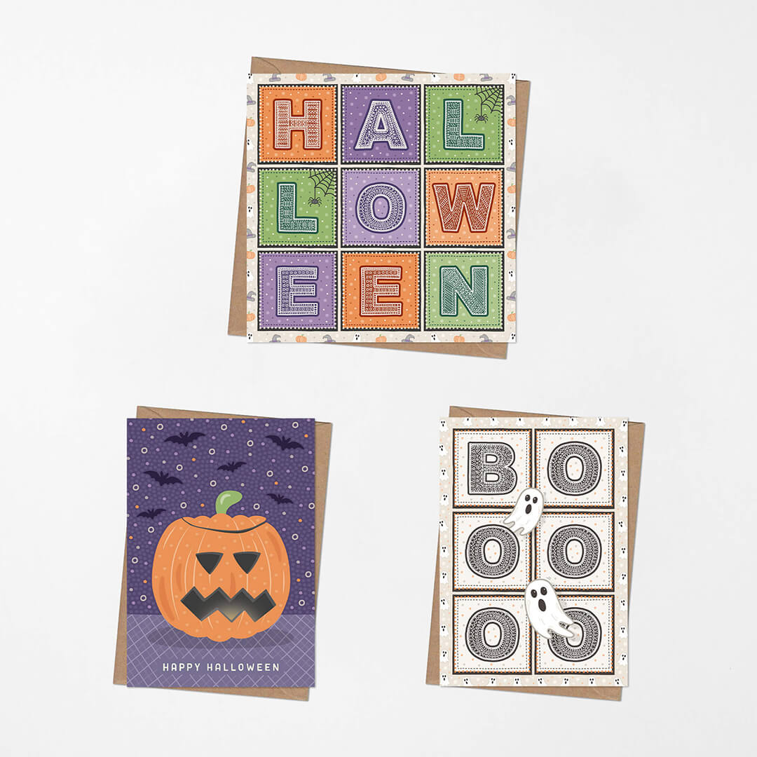 unique and colourful halloween card multipack Blank inside Supplied with kraft brown recycled envelopes